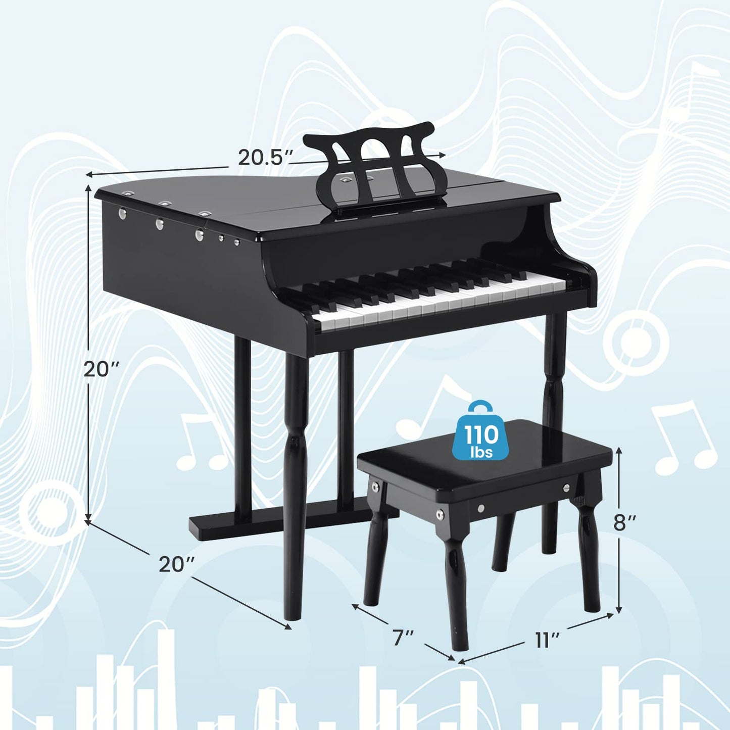 Goplus 30-Key Classical Kids Piano, Mini Grand Piano Wooden Learn-To-Play Musical Instrument Toy With Bench, Piano Lid, Music Rack, Gift For Boys Girls Aged 2+ Baby Tollder(3 Straight Leg-Black)