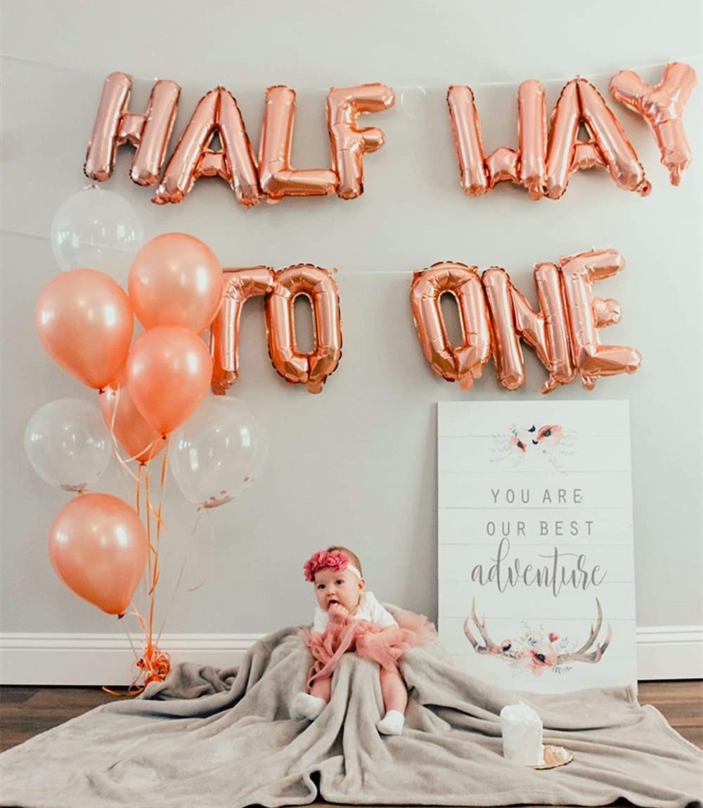 Jevenis Rose Gold Half Way To One Banner Half Way To One Balloons Decorations For Girl 1/2 Birthday Decorations