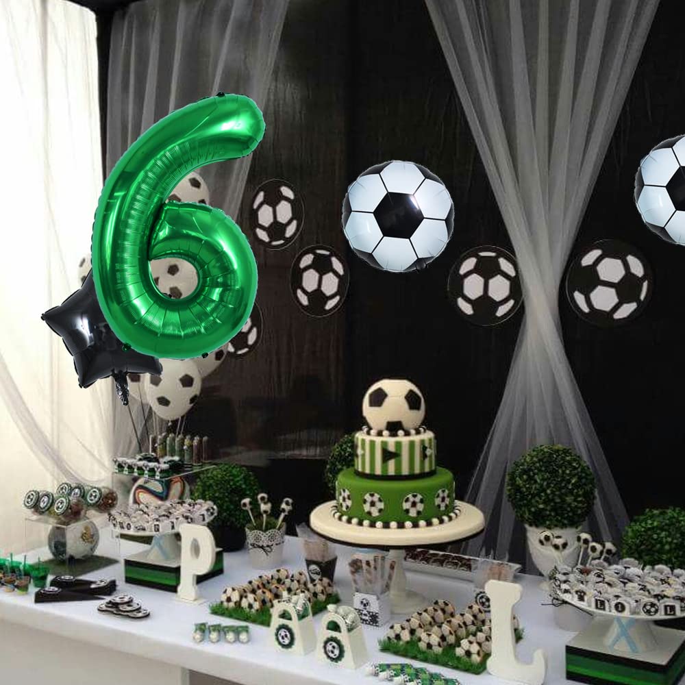 Toniful 32 Inch Soccer Balloons Set 6St Birthday Decoration Green Number 6 Foil Soccer Balloon Black Star Balloons For Children'