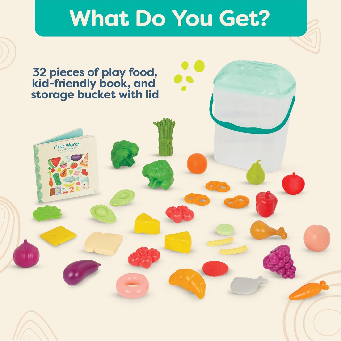 B. toys Foodie Fun Pretend Play Food Set – 32 Colorful Pieces & Educational Book for Toddlers – Storage Bucket Included – Ages 2+