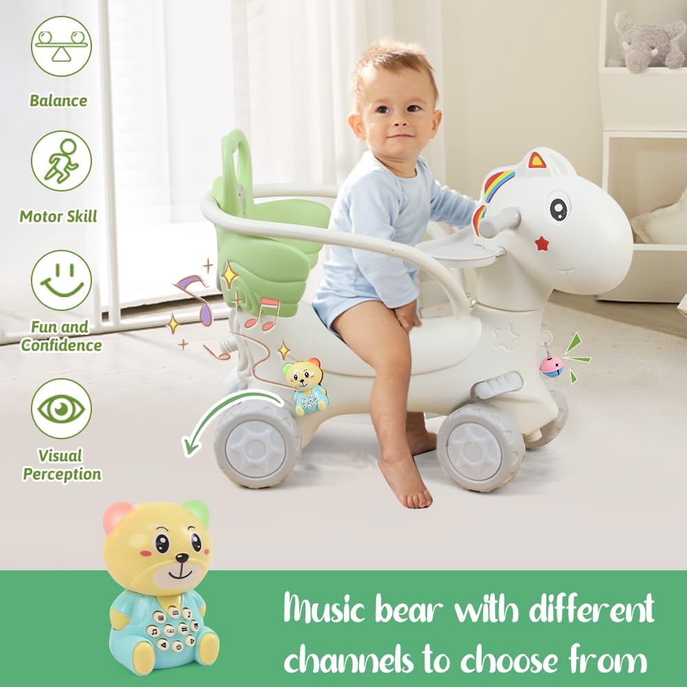 4 In 1 Rocking Horse For Toddlers 1-3 Years Old, Balance Bike Ride On Toys With Push Handle, Backrest And Balance Board For Baby Girl And Boy, Unicorn Kids Riding Birthday (Green-New)