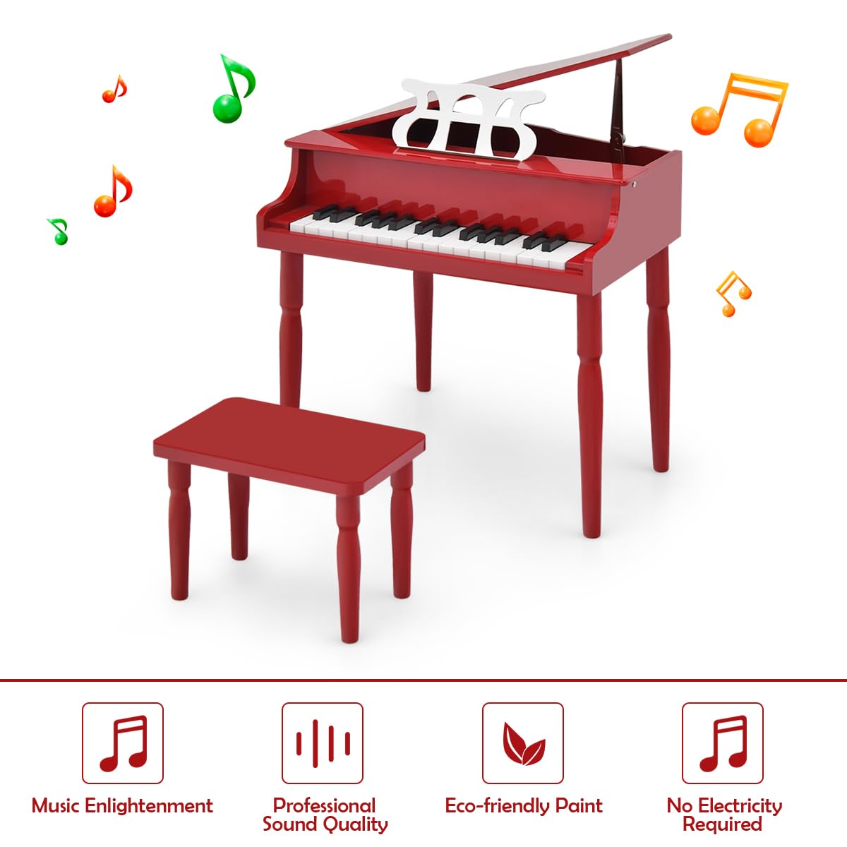 Honey Joy Classical Kids Piano, 30-Key Mini Piano With Music Stand And Bench, Wooden Musical Instrument Toy With Lid & Music Rac