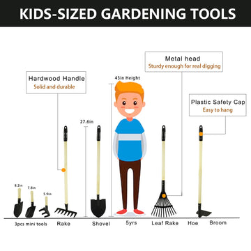 Pomiku Kids Garden Tools, Rake And Shovel Set, 7 Pieces Gardening Tools For Yard, Beach, Camping Play, Outside Toys For Kids Age