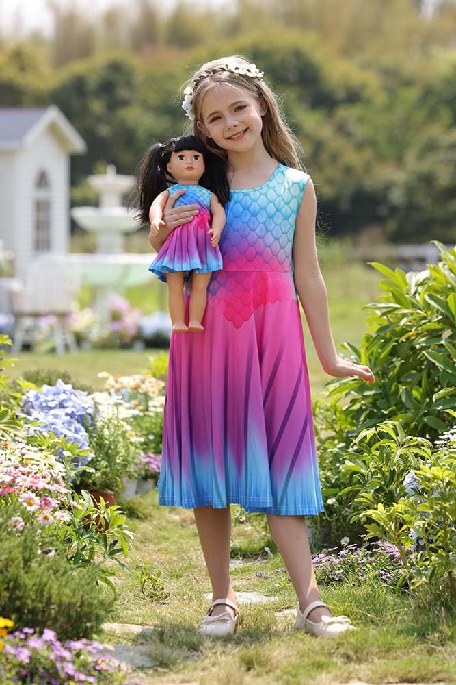 Bow Dream Girl Dress and Matching American Girl Doll Clothes Accessories Rainbow Mermaid Unicorn Size 120
