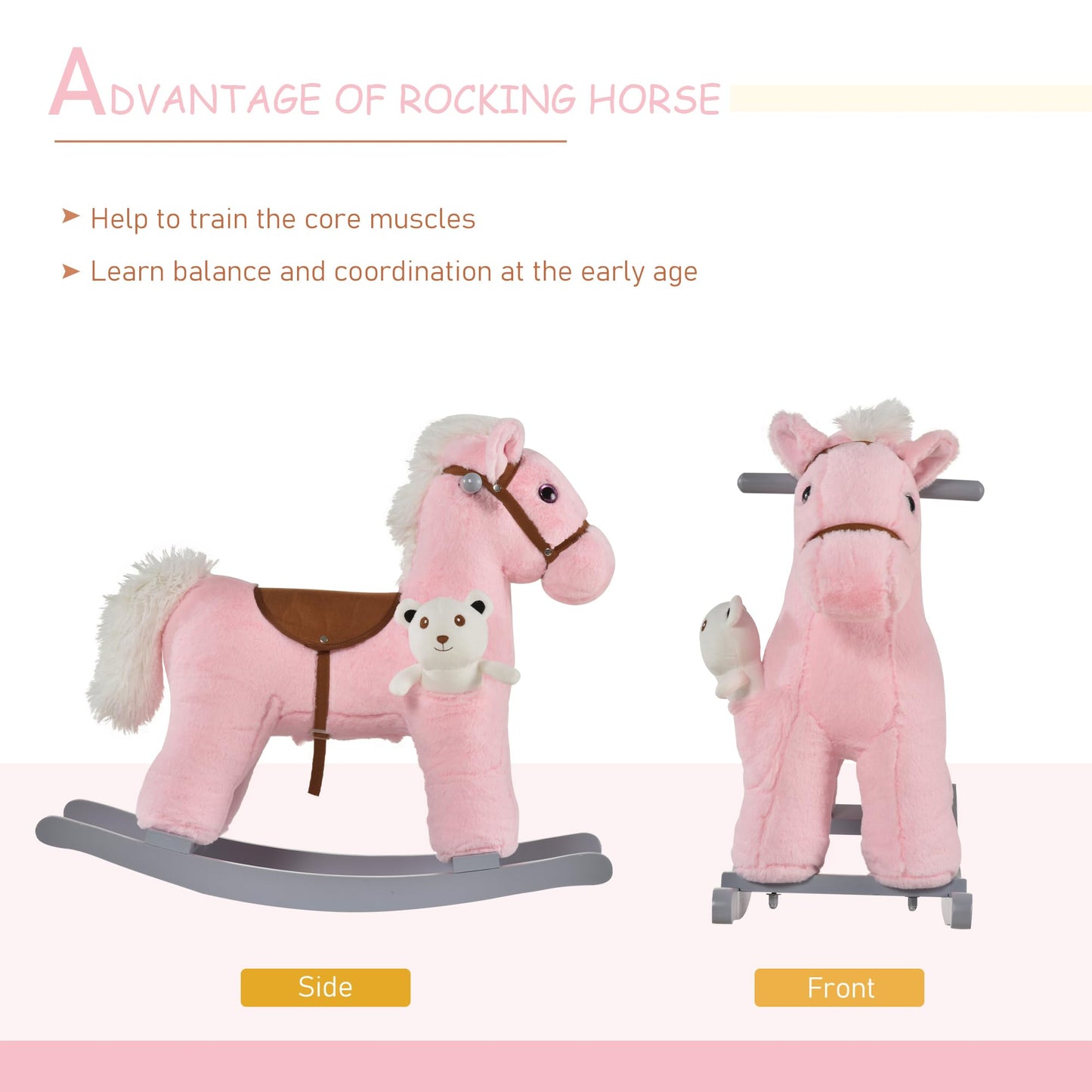 Qaba Kids Plush Ride-On Rocking Horse With Bear Toy, Children Chair With Soft Plush Toy & Fun Realistic Sounds, Pink