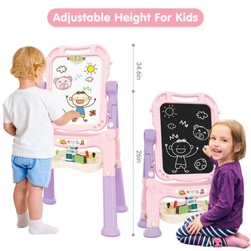 Amagoing Easel For Kids, Adjustable Standing Art Easel For Toddler, Double Magnetic Drawing Board With Painting Supplies For Lit