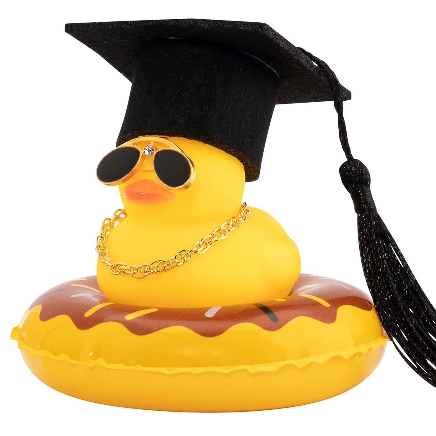 Wonuu Swim Ring Rubber Ducks With Mini Diamond Glasses Hat Necklace For Cars Dashboard Decorations Car Accessories Duck Car Ornament, Graduation Hat Black-Black String