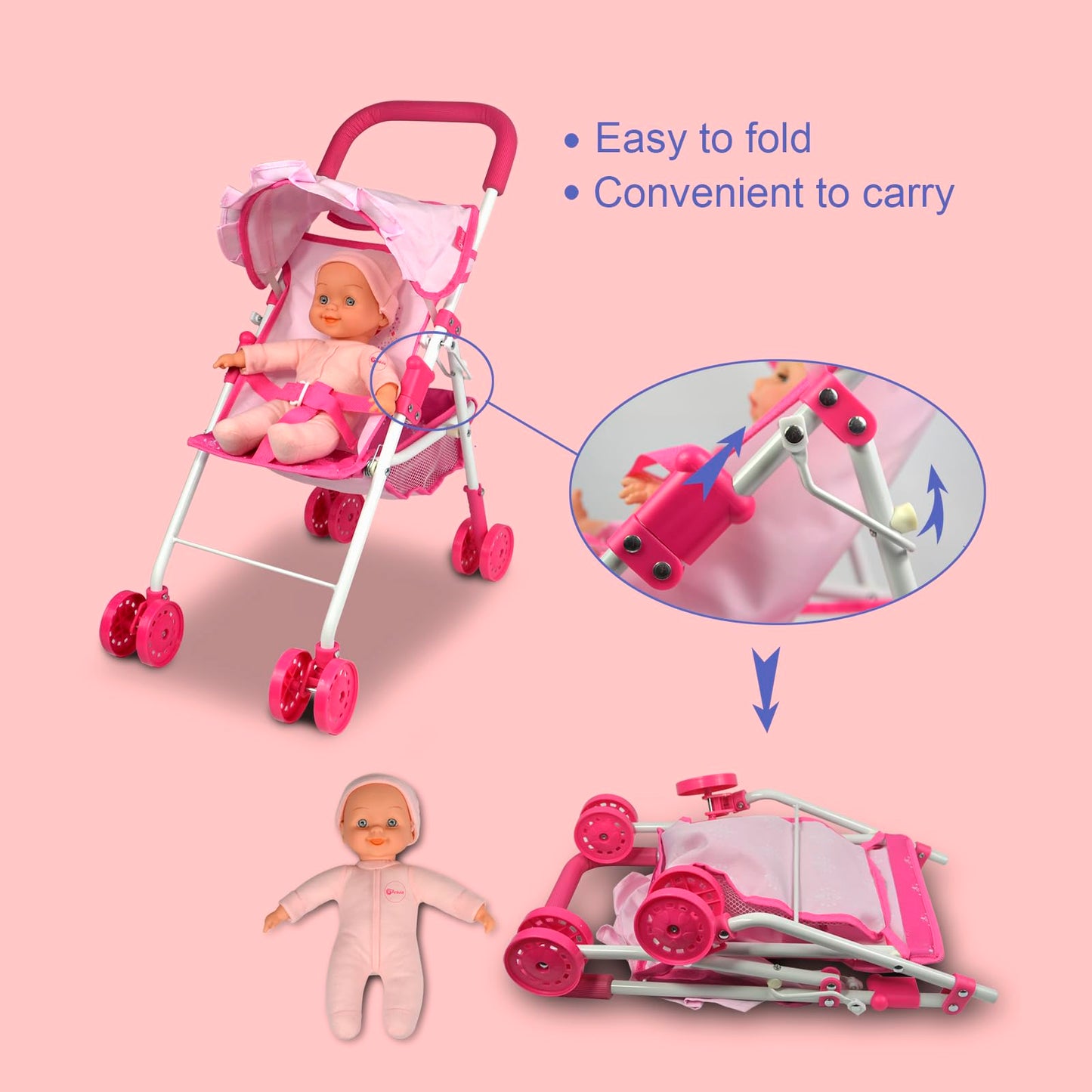 Baby Doll Collection Anivia Doll Stroller Heart Design Gifts For Toddlers And Girls Foldable Doll Stroller (Da004L Pink)