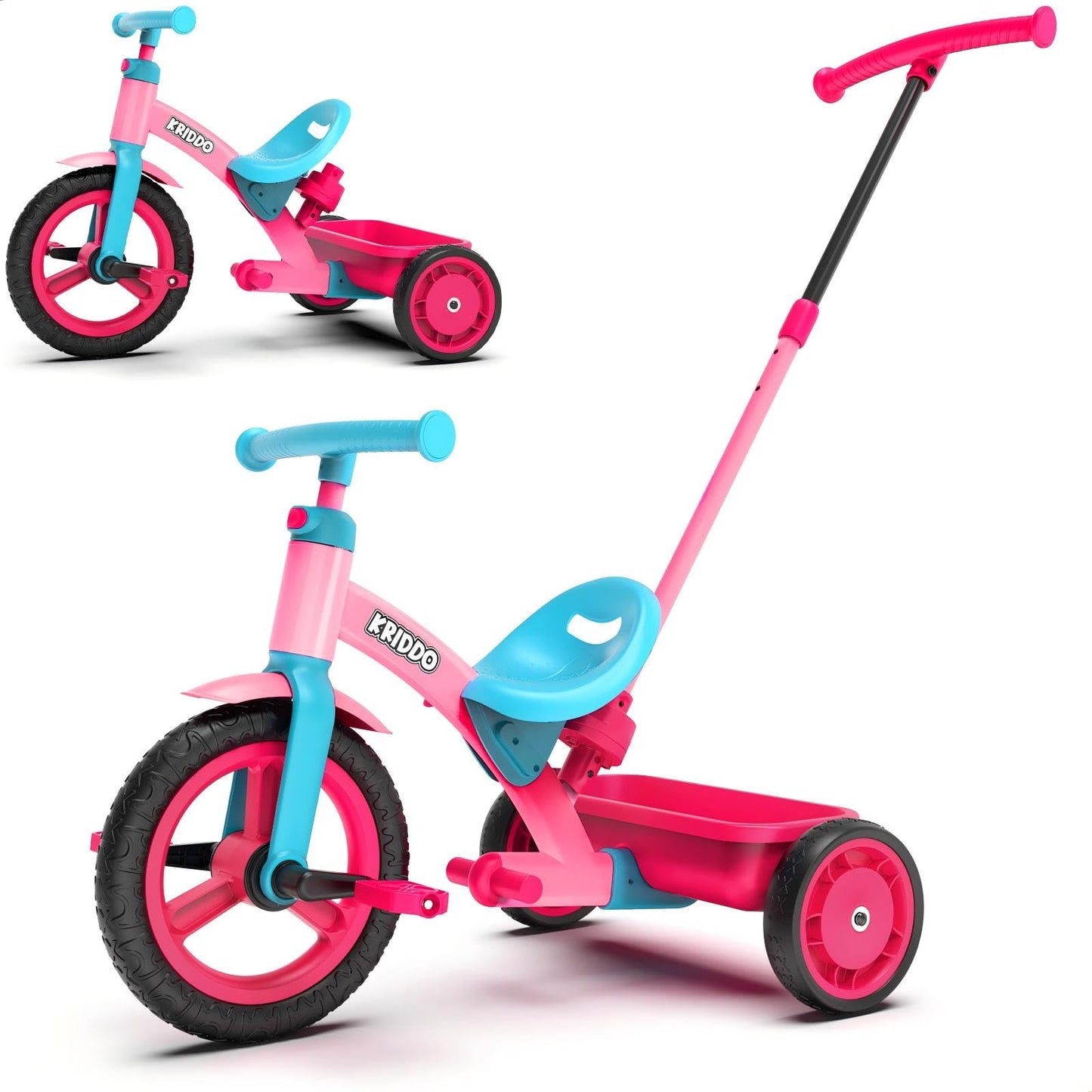 KRIDDO 3-in-1 Toddler Tricycle for Kids 18 Months to 3 Years, Tricycle for 2 Years with Parent Steering, Extra Wide Seat, Large