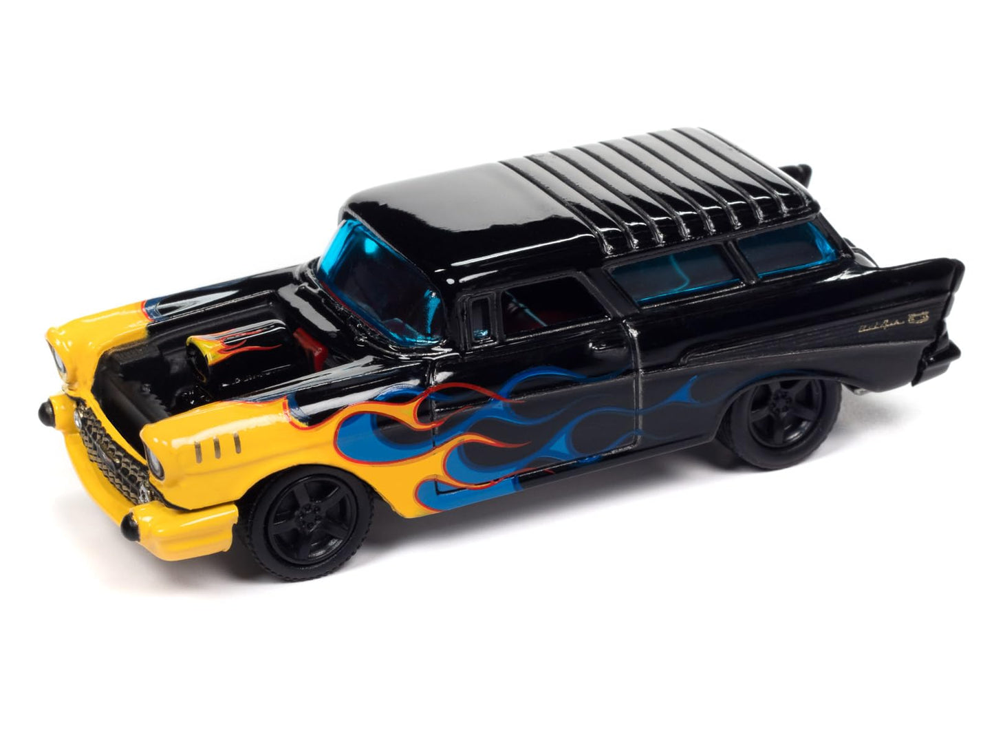 1957 Chevy Draggin' Wagon Black w/Blue and Yellow Flames Black w/Flames Limited Edition 2500 Pieces Worldwide Street Freaks Seri