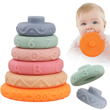 Miawow 8 Pcs Stacking Rings Soft Toys For Babies Newborn 0 3 4 5 6 12 18 Months 1 Year Old Girls Boys - Toddler Sensory Educational Montessori Baby Blocks - Infant Development Teething Learning Tower