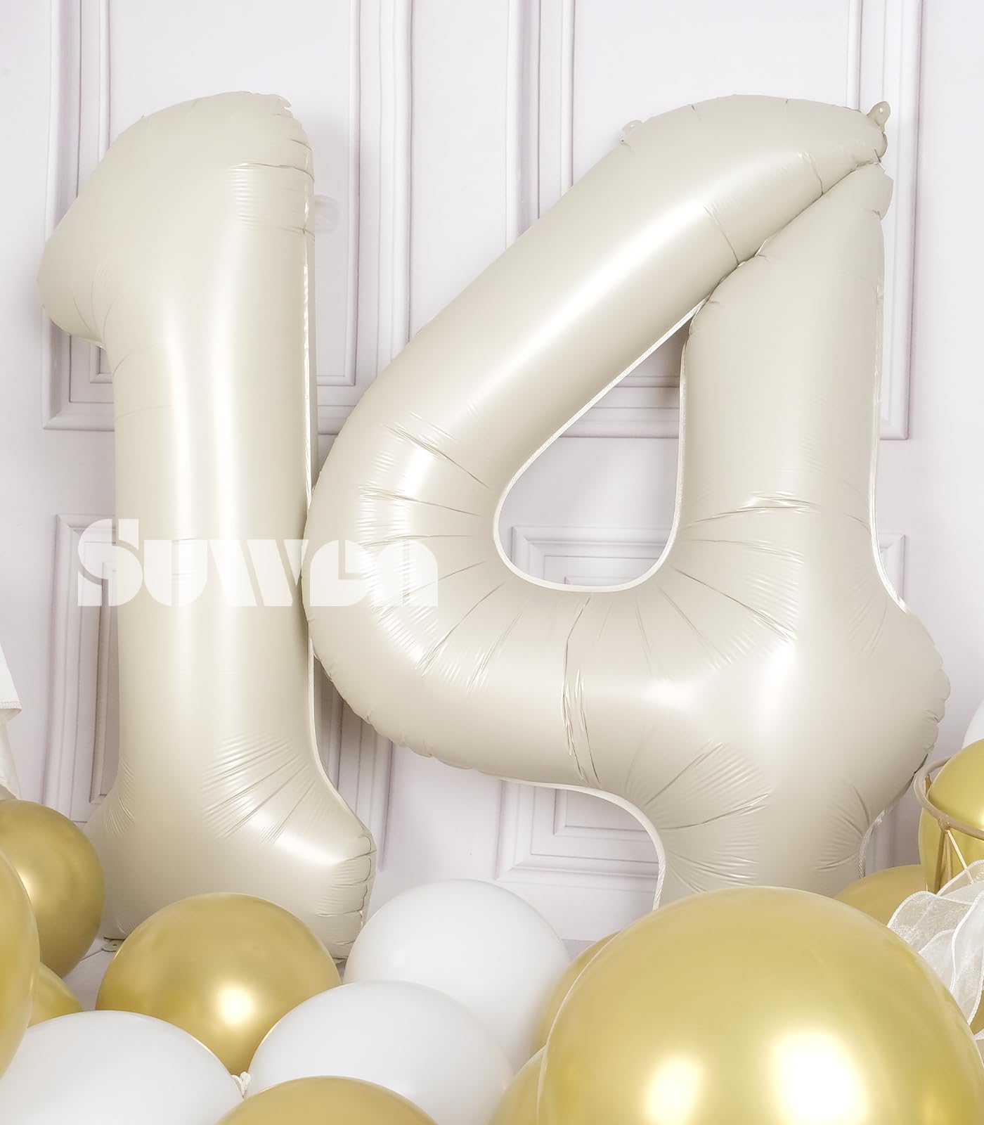 Suwen 40 Inch Cream White Large 14 Number Balloons Big Foil Helium Number Balloons 0-9 Jumbo Happy 14Th Mylar Birthday Party Dec