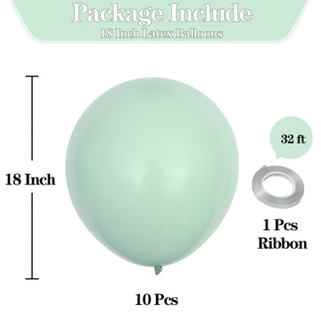 Kalor 18 Inch Pastel Green Balloons, 10Pcs Thick Latex Round Helium Balloons For Birthday Family Party Wedding Party Baby Shower Decoration Supplies
