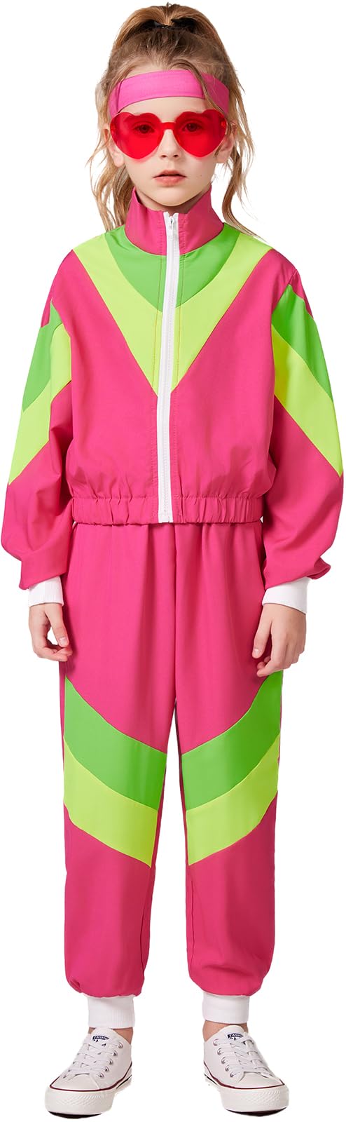 Sizgaroot 80S 90S Retro Windbreaker Set Girls Workout Costume Outfit Track Suit For Girls (Pink, 9-10 Years)