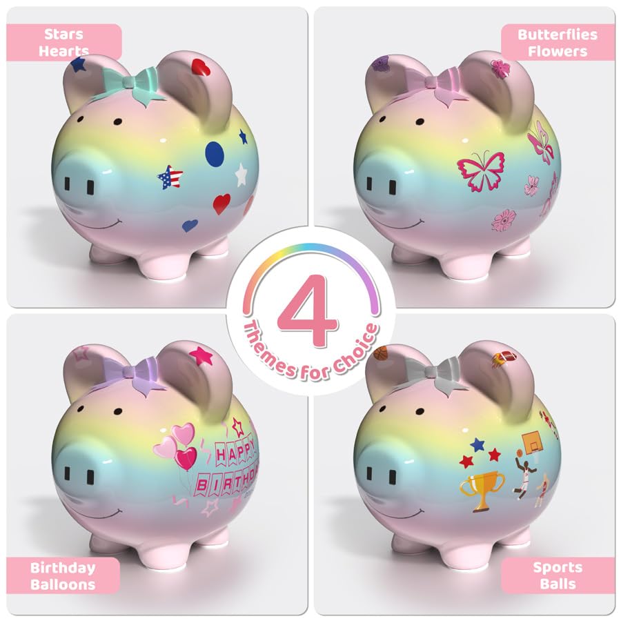 Personalized Birthday Gift For Women Girls With Diy Name Stickers, 8'' Large Ceramic Piggy Bank For Kids Girls Boys,Cute Toddle