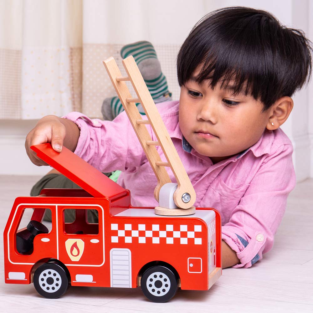 Bigjigs Toys City Wooden Fire Engine - Red Toy Vehicle with Swivel Ladder for Kids Ages 3+, Model BJTJT131, Quality Wooden Pretend Play Toy
