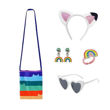 Daisyduds Cat Dollhouse Costume Rainbow Tutu Dress With Striped Top, Accessories Set Halloween Christmas Outfits For Cutie(120Cm