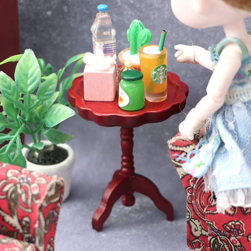 Miniature Dollhouse End Table 1:12 Scale Wooden Furniture Round Side Tea Table Model For Dollhouse Living Room Scene Decoration Gift (Brown)