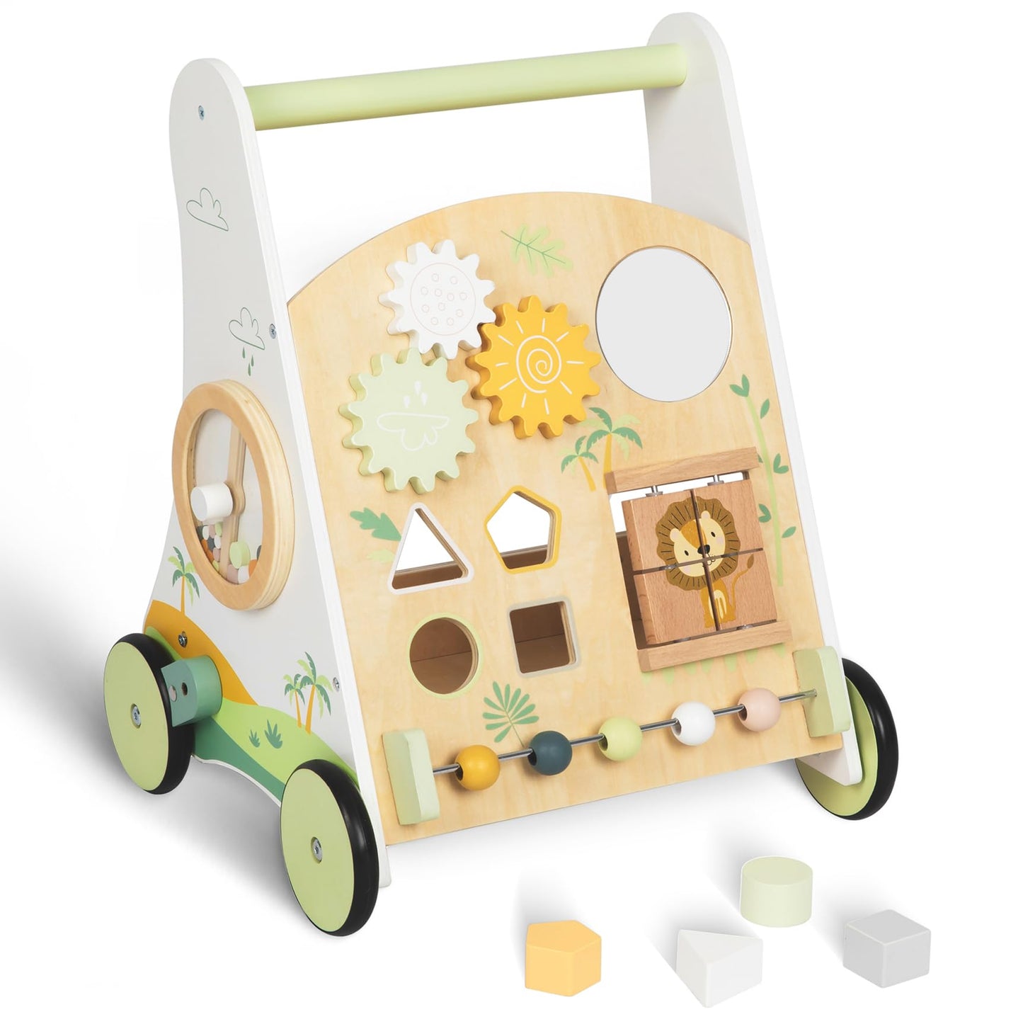 Wooden Baby Push Walker Adjustable Speed Montessori Walker With Activity Center For Boys, Girls And Toddler Toy For Ages 1-3