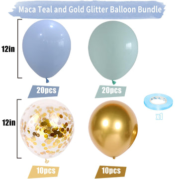 Blue And Green Balloons, 60 Pcs Light Blue Mint Green Balloon Set With Gold Confetti Metallic Gold Balloons, 12 Inch Baby Pastel