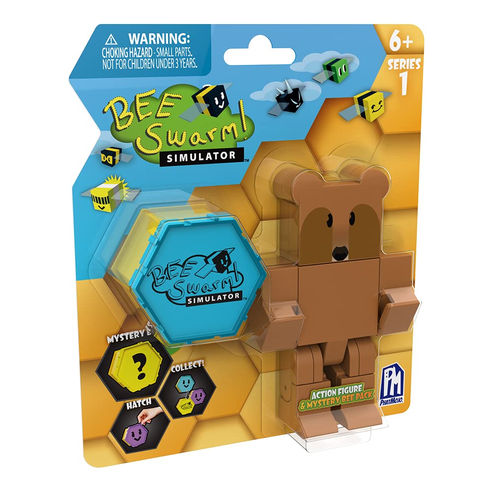 Bee Swarm Simulator Brown Bear Action Figure Pack - 5" Plastic Figure with Mystery Bee & Honeycomb Case, Model AF9206
