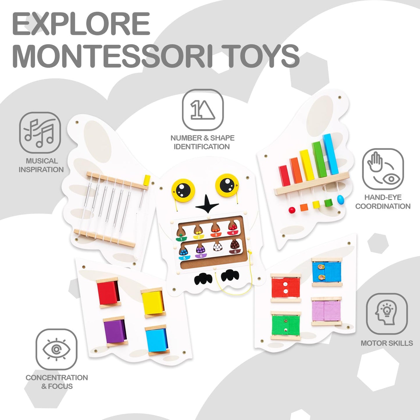 Monlurd Owl Montessori Busy Board,Sensory Board,Educational Toys,Activity Cube,Wall Toys,Daycare Furniture,Playroom Furniture,In