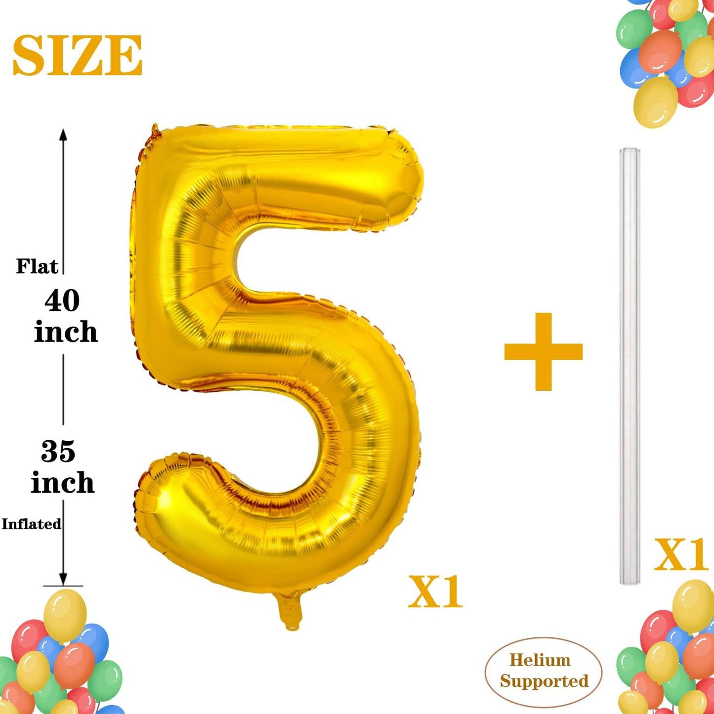 Pigetale Gold Number 5 Balloon For Girls Boys, 40 Inch Large Number 0-9, Big Foil Mylar Helium Digital Balloons For Women Men 15