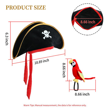 UOIENRT 2Pcs Pirate Hat Hat Skull Print & 10in Stuffed Parrot on Shoulder Pirate Costume Accessories for Halloween, School Play,