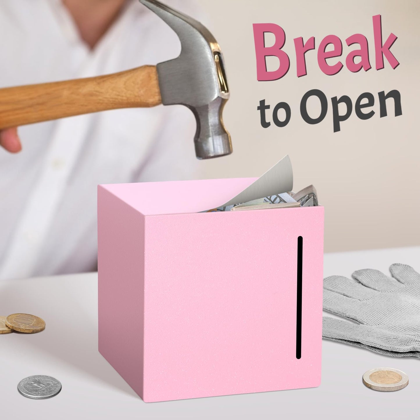 Piggy Bank For Adults Must Break To Open, Unbreakable Adults Piggy Bank Made Of Stainless Steel, Metal Saving Bank (Pink, 4.72-I