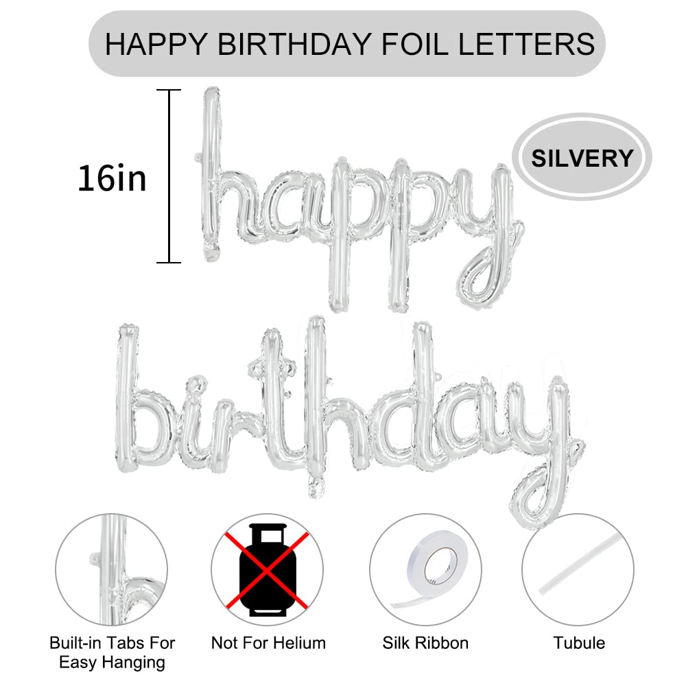 Toniful Silver Happy Birthday Balloons Banner, 16 Inch Mylar Foil Script/Cursive Letters Birthday Sign Banner Balloon Reusable M