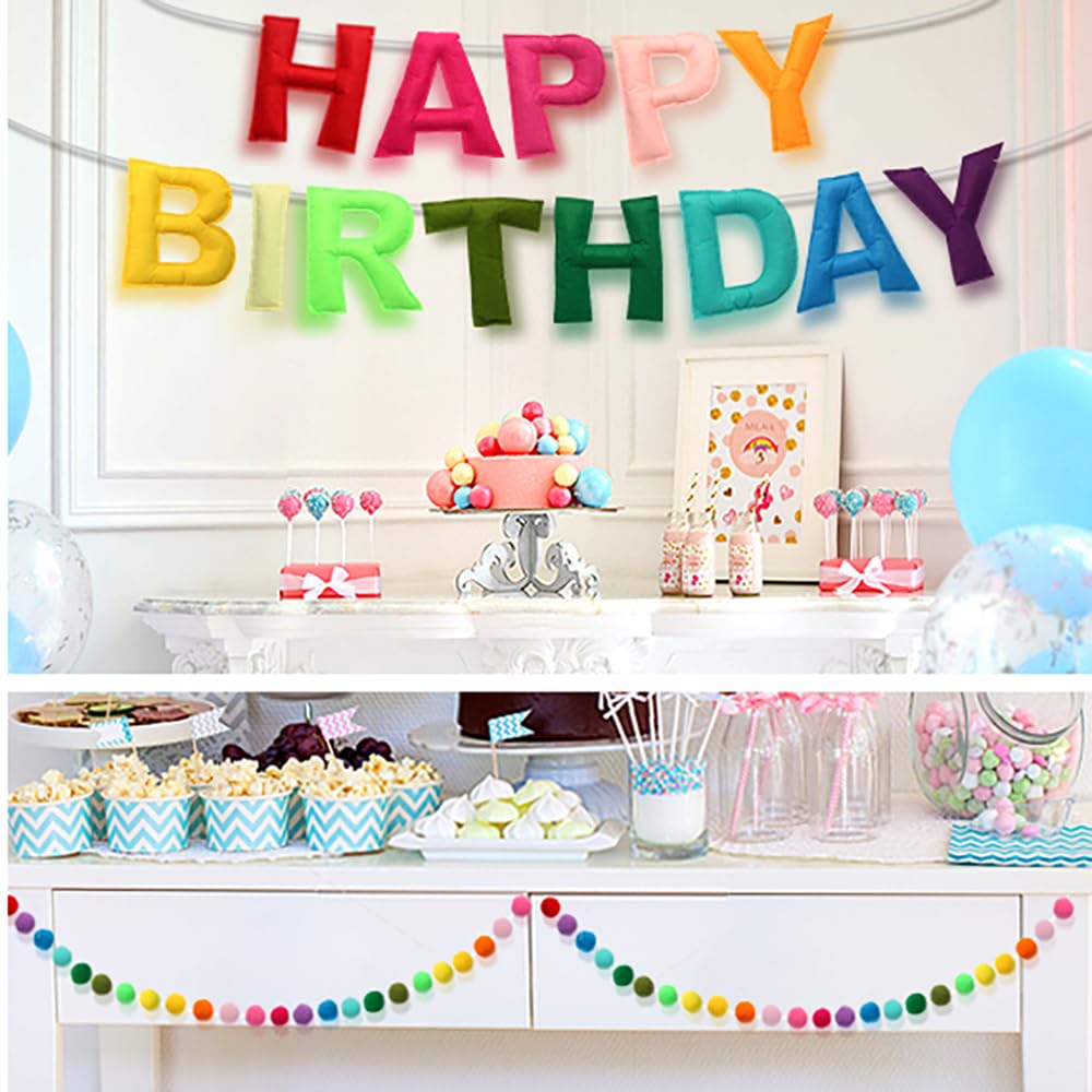 Pre-Strung Happy Birthday Banner, Felt Ball Garland HAPPY BIRTHDAY Garland, Rainbow Birthday Decorations Birthday Decor Party Pe