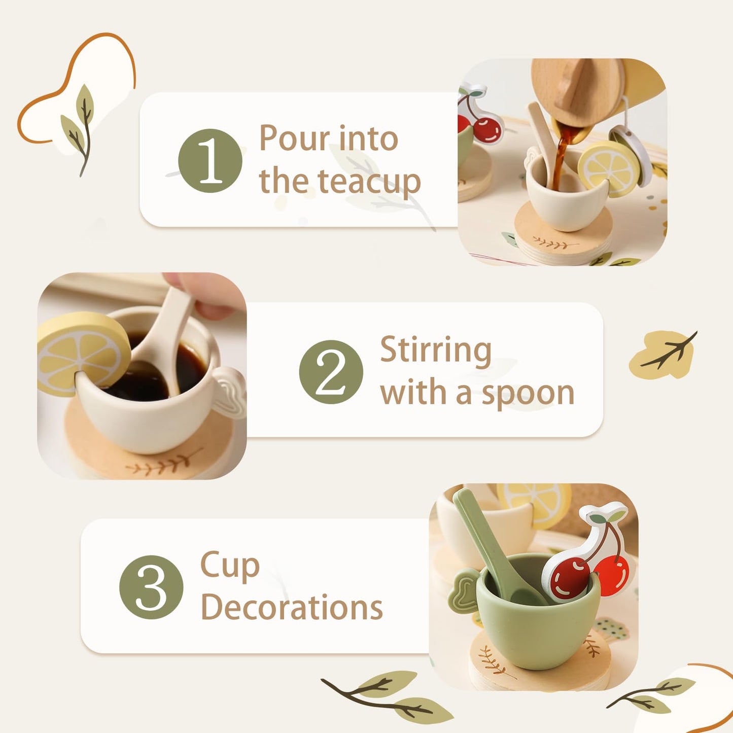 Tea Party Set for Kids - Wooden Tea Set for Little Girls 14PCS Silicone Toddler Tea Set Kitchen Accessories Pretend Play Toy Tea