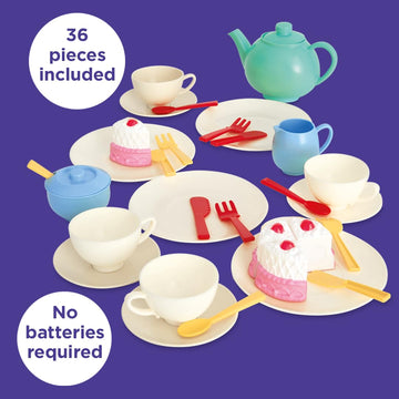 Casdon 36-Piece Tea Set - Colorful Toy Playset with Teapot, Milk Jug, Cups & Saucers, Cake, & More - Suitable for Preschool Toys
