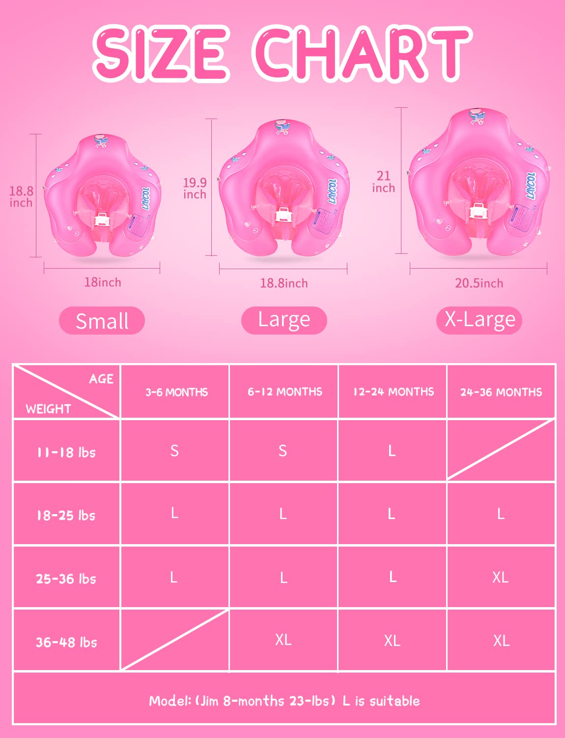 LAYCOL Baby Swimming Float with UPF50+ Canopy, Large Pink, No Flip Over Design for 3-36 Months Pool Safety