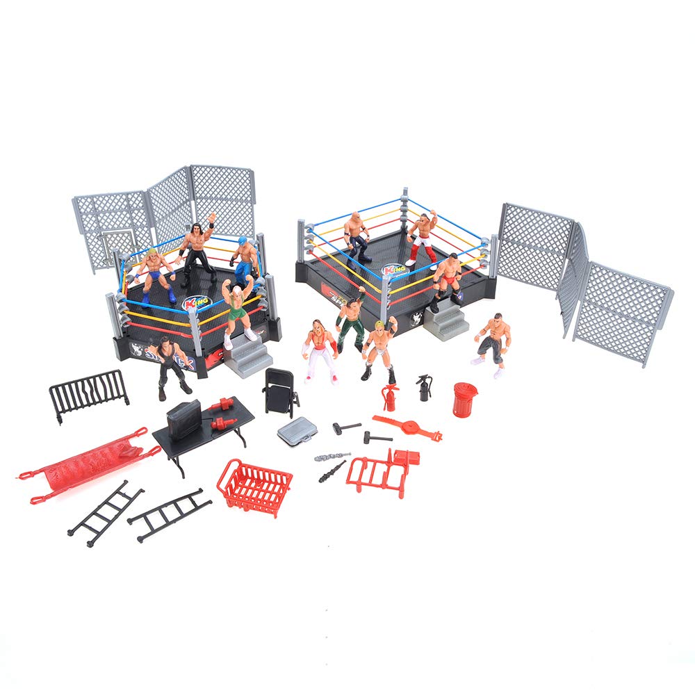 Powertrc 32 Pieces Wrestling Toys, Wrestler Play Set With 2 Wrestle Rings (Hexagon & Square), 12 Wrestlers, 18 Accessories, Toy Figures Cake Topper Birthday Party Decoration Gift Toy For Kids