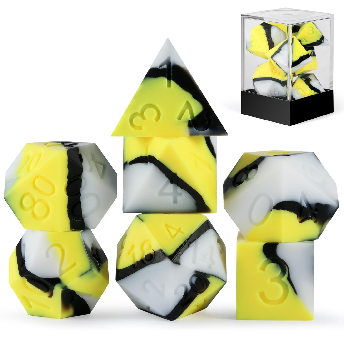 Silicone DND Dice, DNDND 7PCS Silicone D&D Dice Set with Clear Plastic Display Case for Dungeons and Dragons Role Playing Games