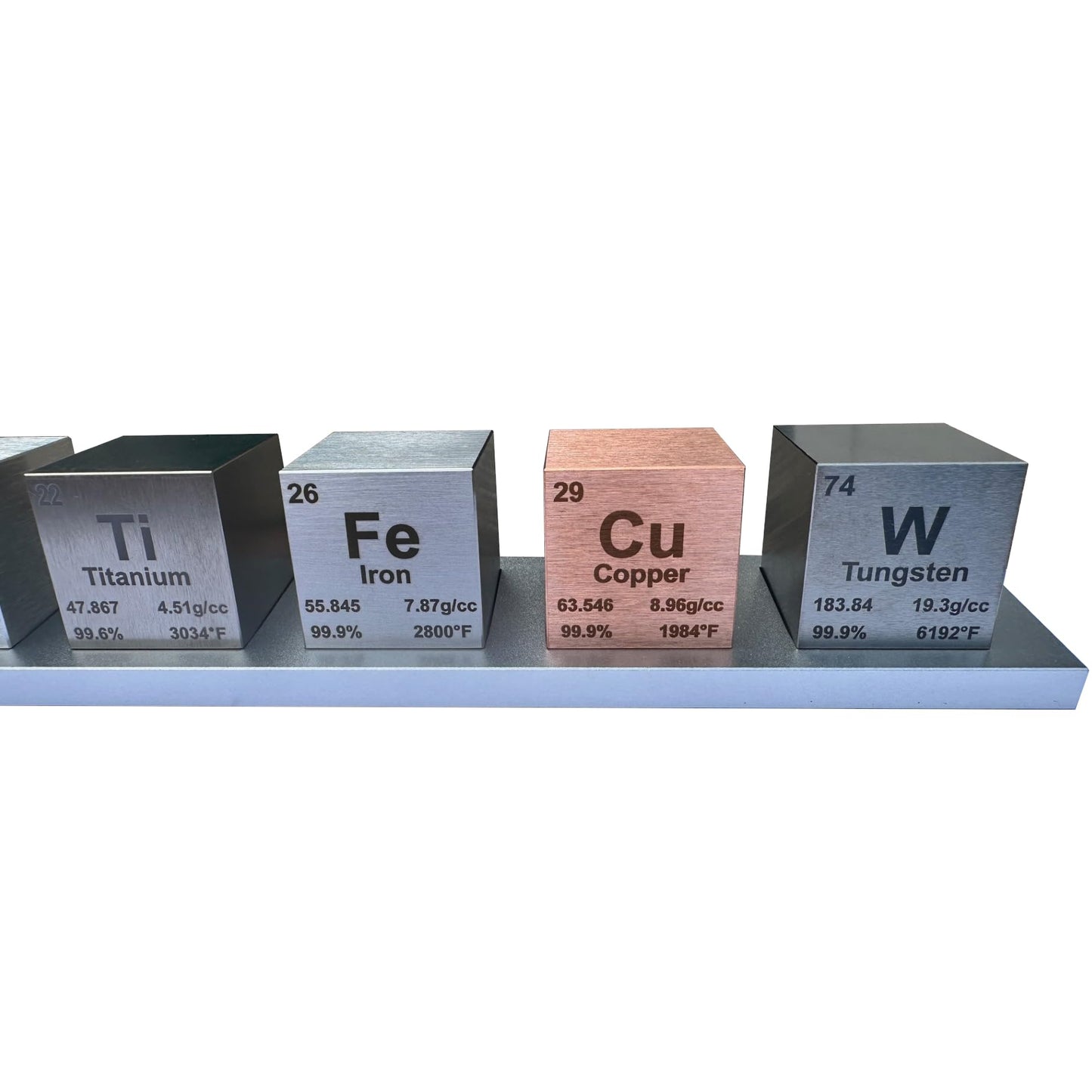 Heavenly Metals 1.5" Element Cube Set - 7 Pure Metal Density Cubes with Engraved Atomic Data - Science Specimens + Display Stand