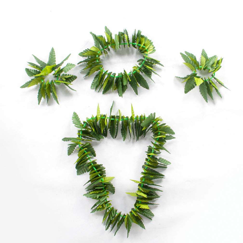 Hawaiian Hula Leaf Grass Skirt Necklaces Bracelets Headband Luau Party Supplies (5Pcs) Green
