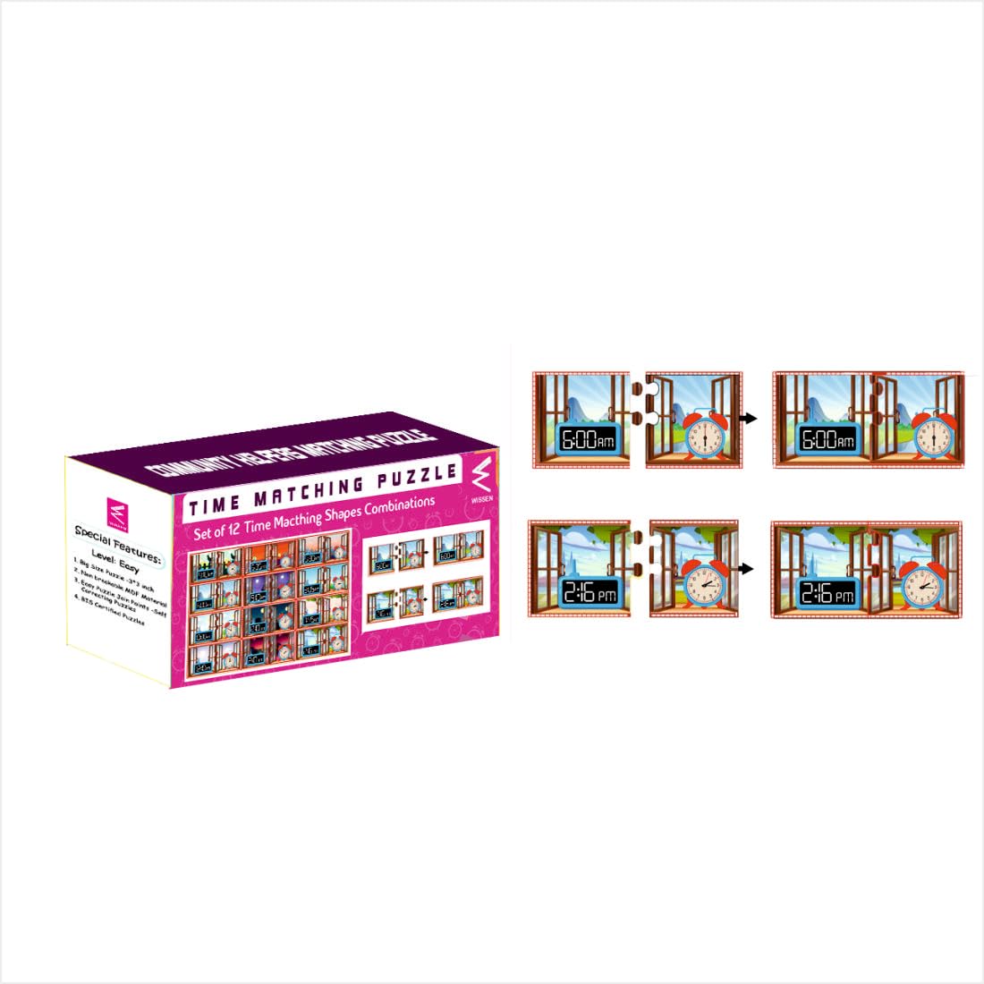 WISSEN Wooden Analog and Digital Clock Matching Puzzle3 * 3 inch Size Each Puzzle Set of 12 Concepts | Digital Clocks Puzzles