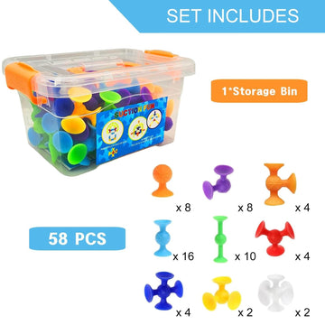Dapam 58 Piece Suction Fun Sticky Toy Set with Storage Bin, BPA Free Silicone, Stimulating Sensory Travel Bathtub Window Toys fo