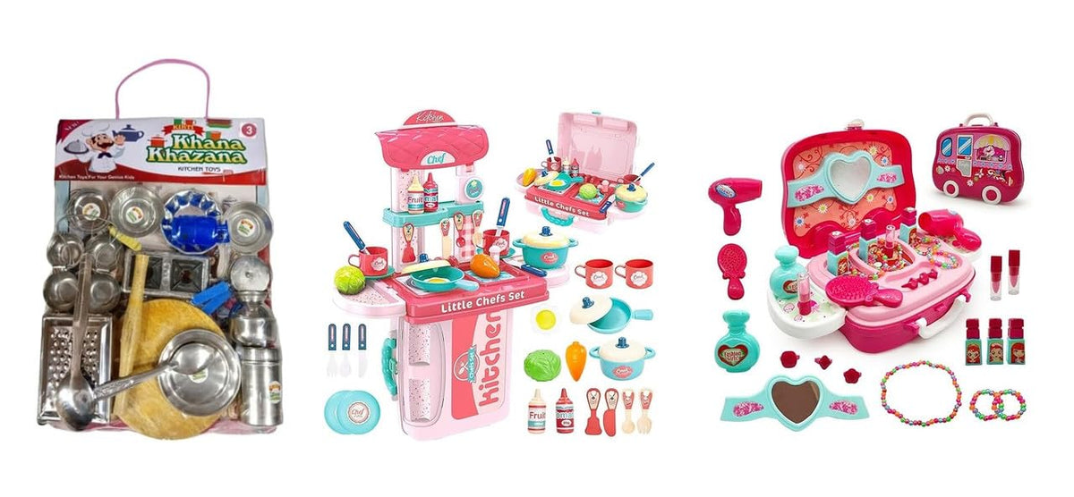 Chef RolePlaying Kitchen with 3in1 Portable Pretend Food Play Set, and 21Piece Makeup Kit Age 3+ Combo Pack of 3