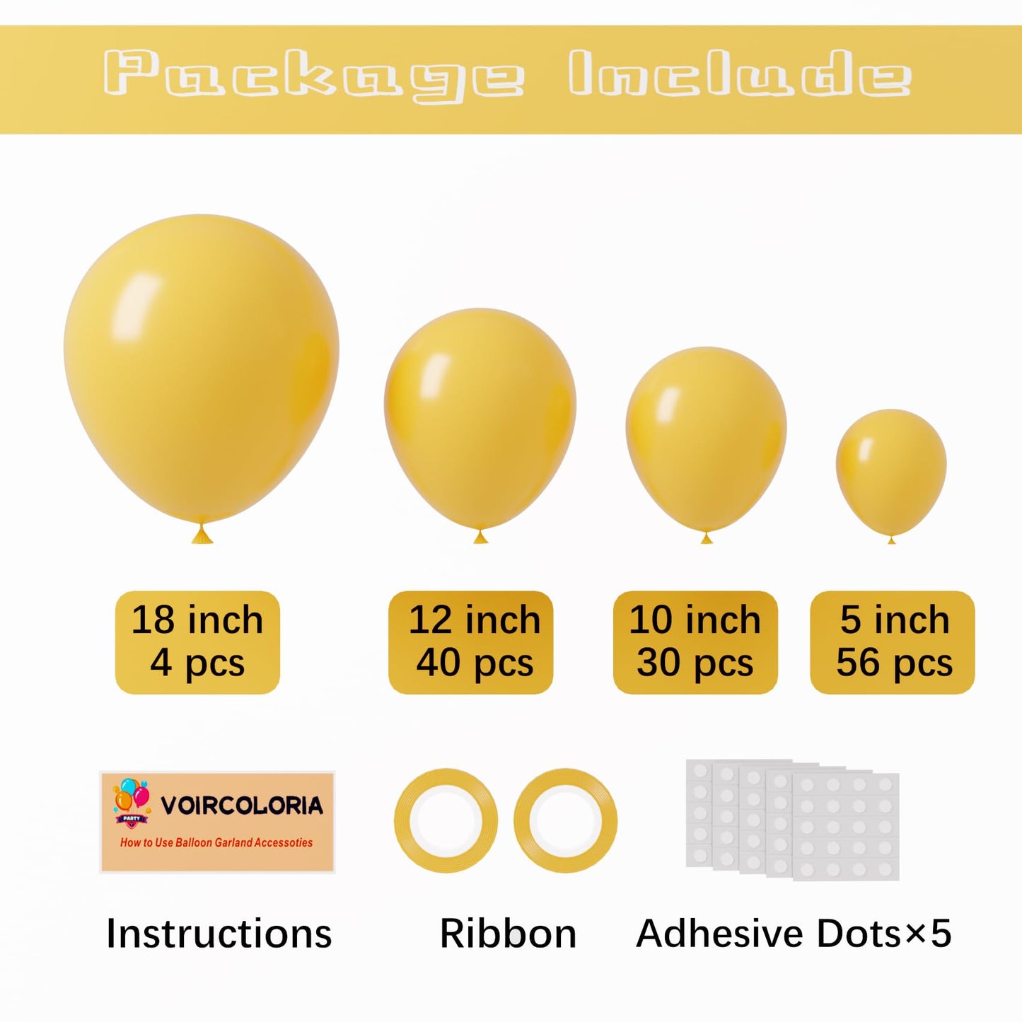 Voircoloria 130Pcs Mustard Yellow Balloons Different Sizes 18'' 12'' 10'' 5'' Lemon Yellow Latex Balloon Garland Arch Kit For Bi
