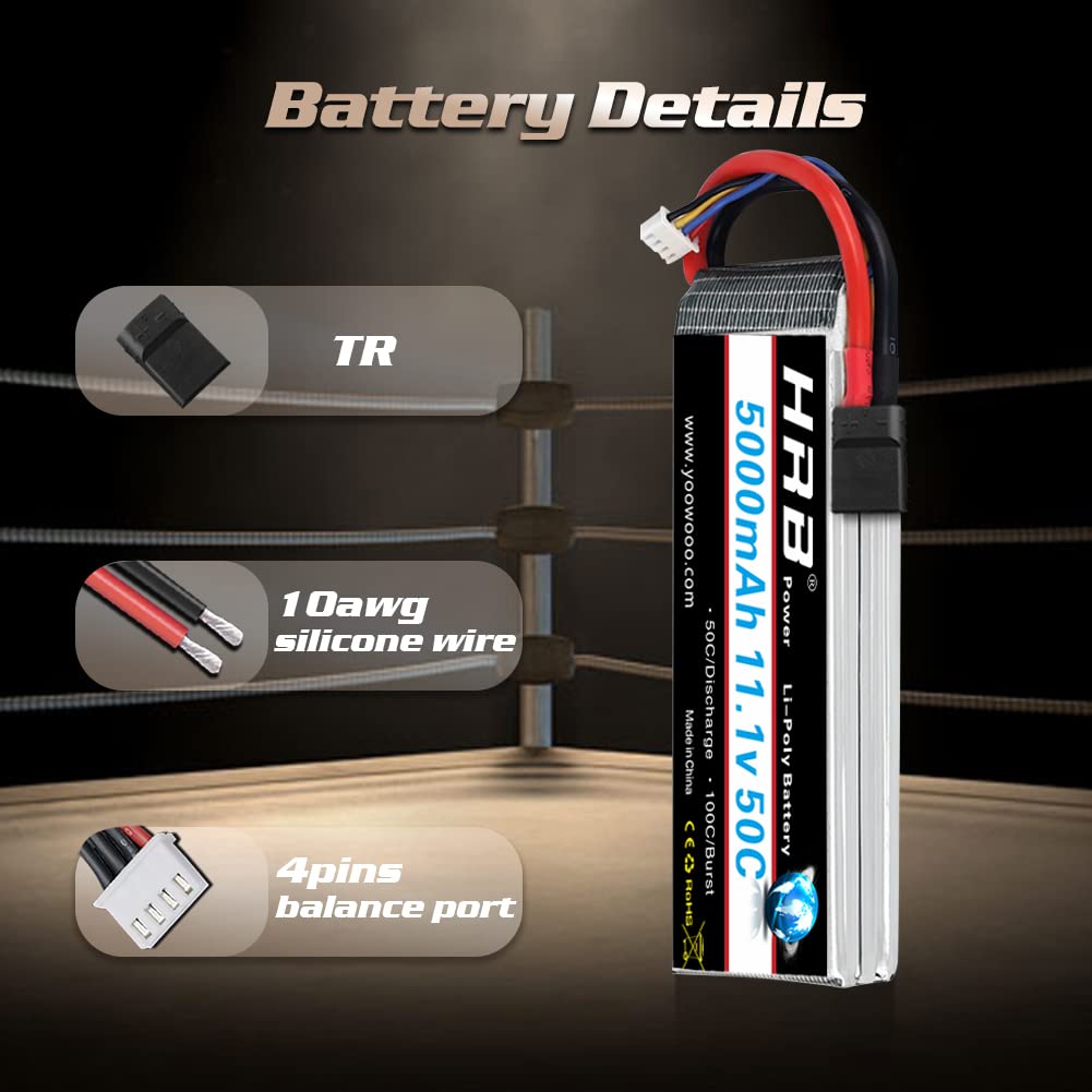 HRB 2PCS 11.1V 5000mAh 3S 50C-100C LiPo Battery TR Compatible with RC Cars Models Helicopter Airplane Quadcopter Truck Boat