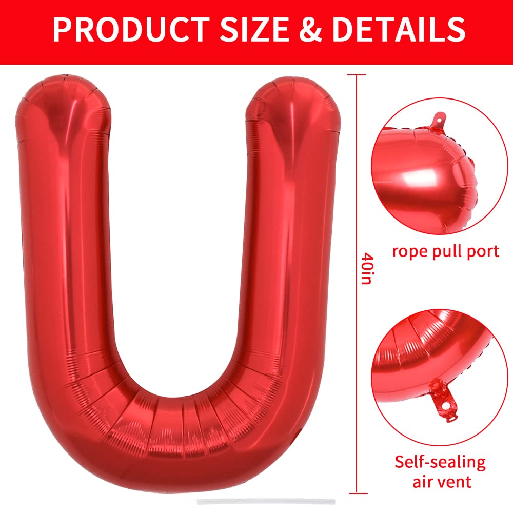 Toniful 40 Inch Large Bright Red Letter Balloons A-Z, Giant Jumbo Helium Foil Mylar Big Letter U Balloons For Birthday Party Ann