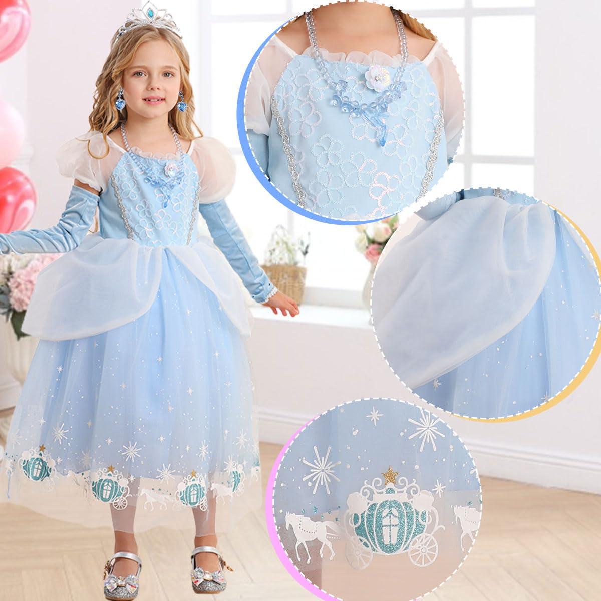 Itvti Cinderella Dress For Girls Kids Blue Princess Costume Halloween Carnival Fancy Dress Up For Cosplay, 6-7 Years(Tag 140)
