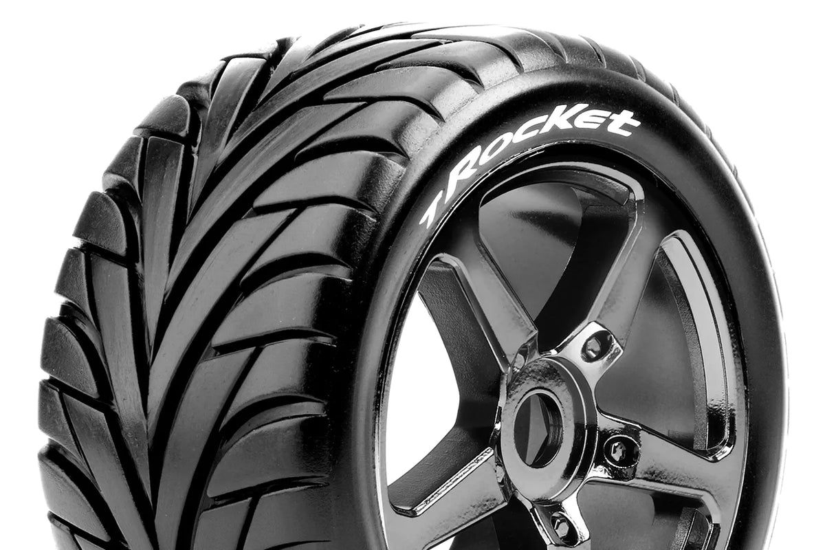 Louise R/C T-Rocket 1/8 Off-Road Truggy Tires 0" Offset 17mm Hex Mounted Black Chrome Spoke Rim Pair