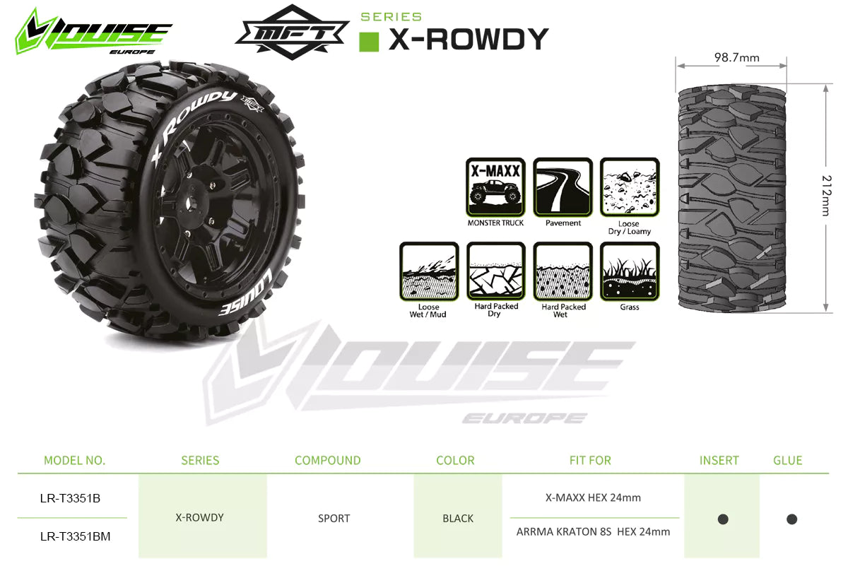 Louise R/C MFT X-Rowdy Sport Belted Monster Truck Tires Mounted 24mm Hex Pair for Arrma Kraton 8S