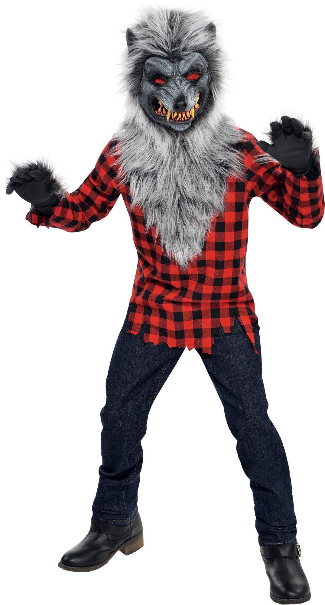 Amscan Hungry Howler Werewolf Costume For Kids, Large (12-14), With Plaid Shirt, Furry Mask And Gloves