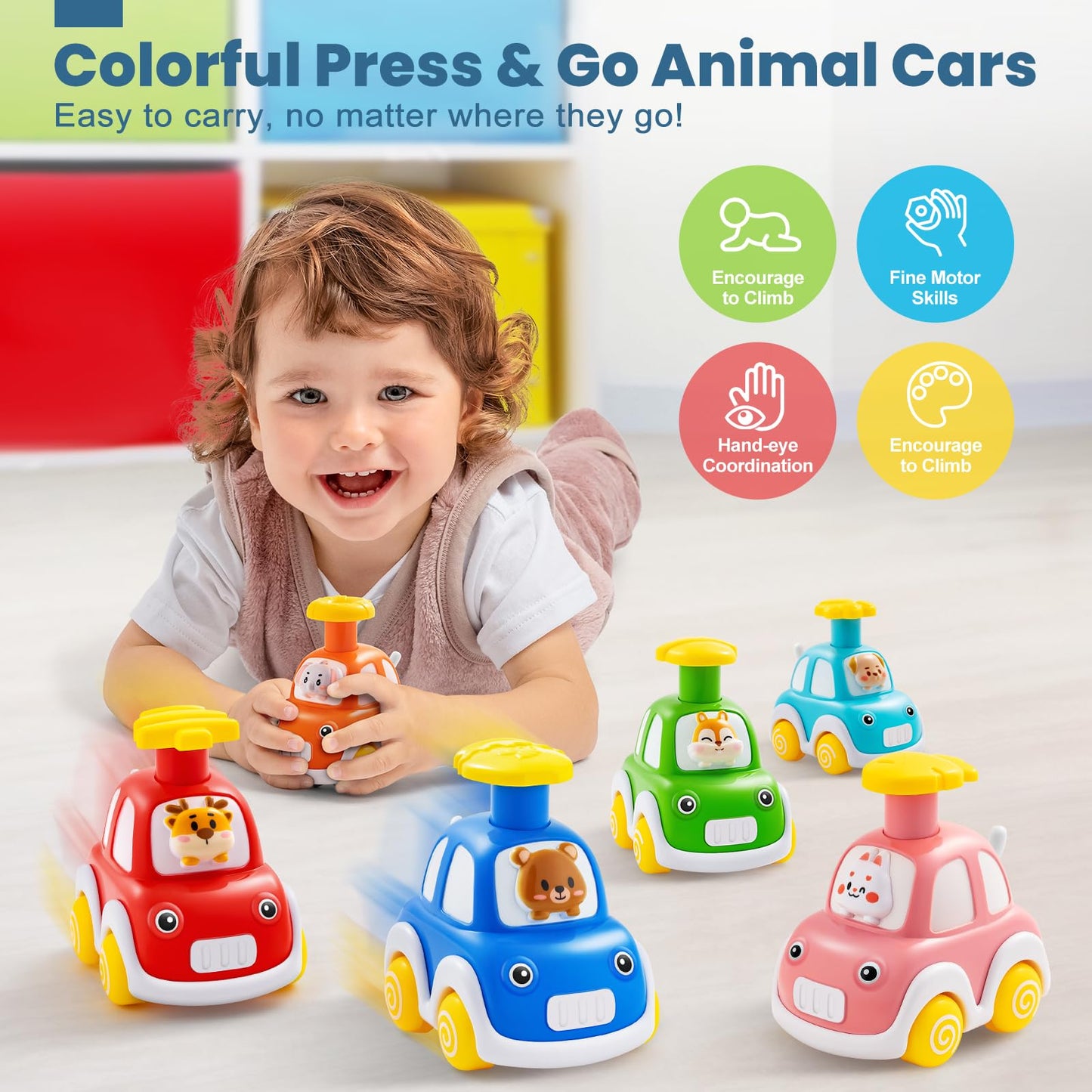 Press And Go Car Toys For Toddlers 1-3, 6 Pack Animal Baby Car Toys For 1 2 Year Old Boy, Push Go Friction Vehicle Toys For Infa