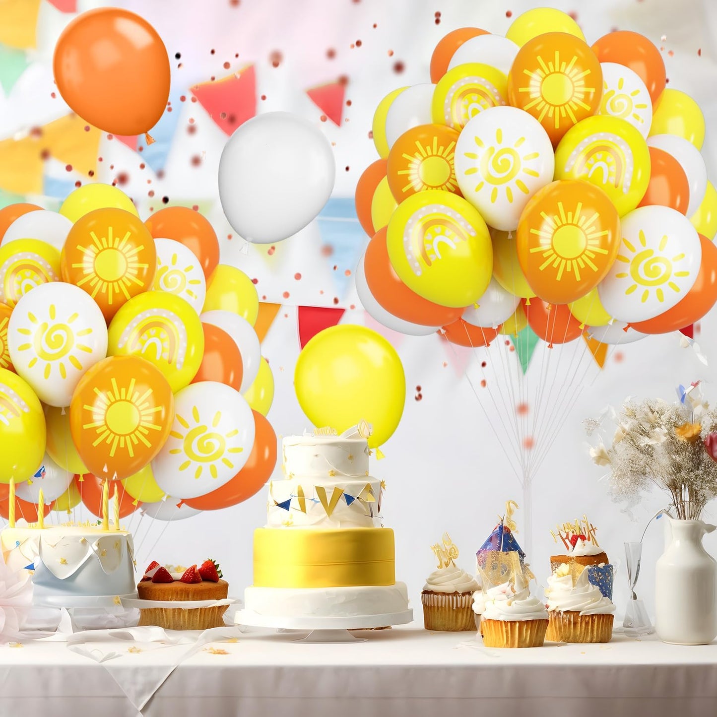 Sun Balloons, 12 Inch Yellow Orange White Latex Balloons Boho Rainbow Sunrise Printed Latex Balloons Half Sun Sunshine Balloons